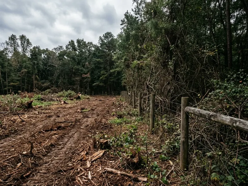 Overgrown brush, briars, and saplings cleared from a wooded lot along a rural fence line