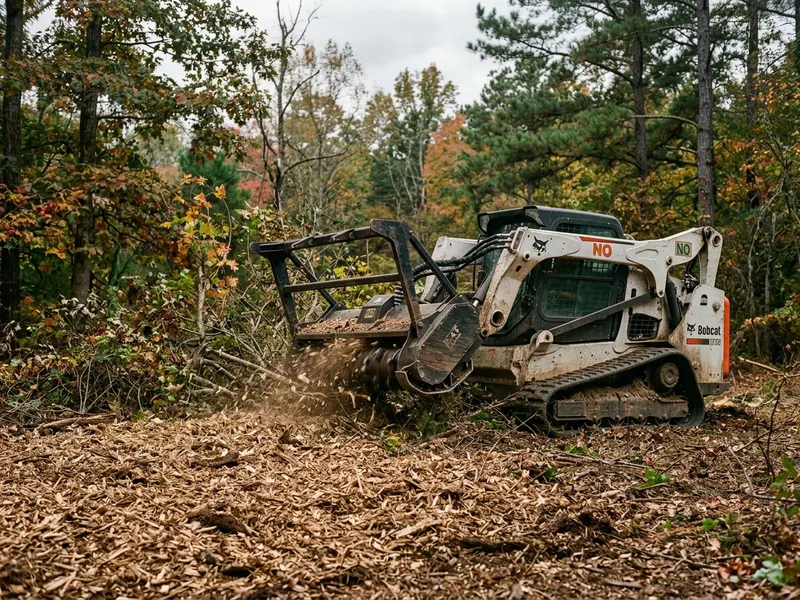 Skid-steer forestry mulcher grinding underbrush and saplings into mulch on a Southern Maryland property
