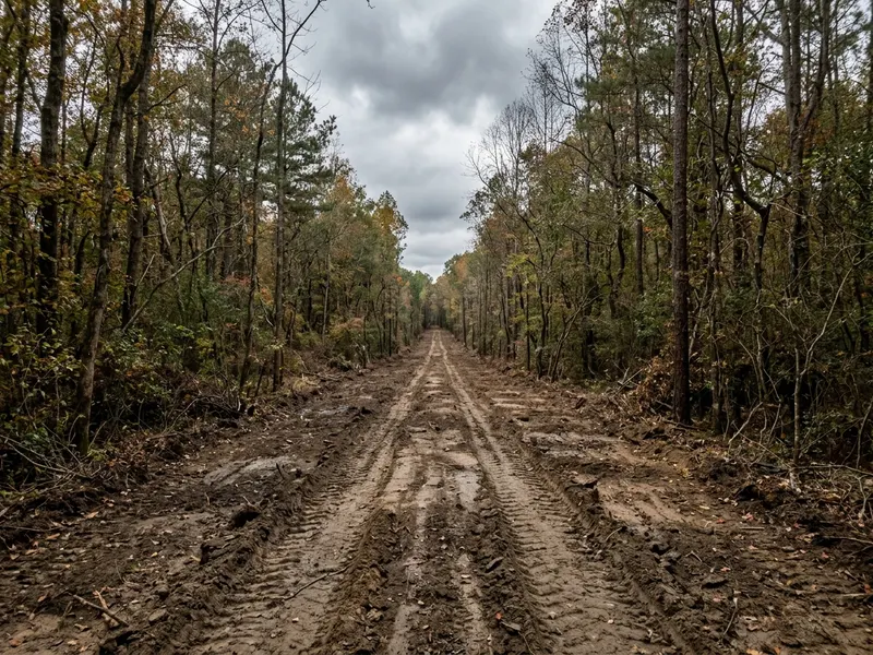 Cleared linear corridor for a new driveway and fence line cut through wooded rural acreage